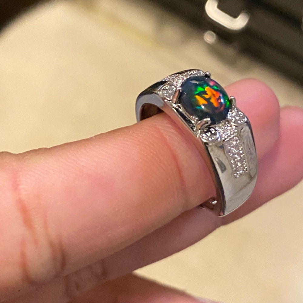 S925 Natural Black Ethiopian fire Opal Ring for Men